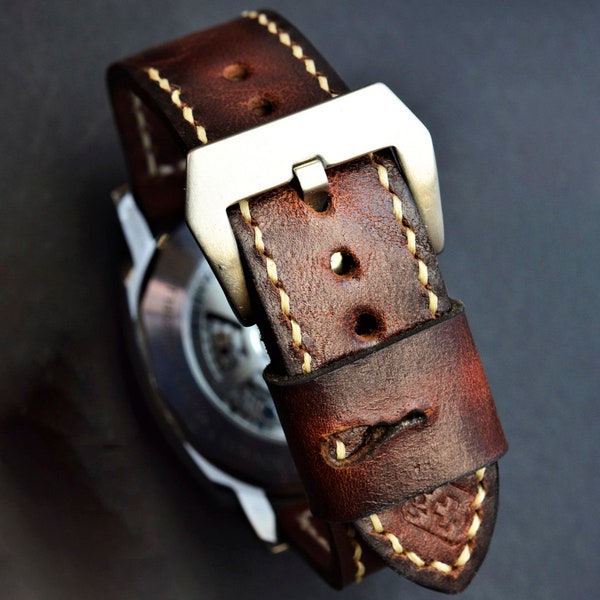 AMMO style hand crafted genuine leather watch strap 22/24/26 mm VINTAGE dark brown