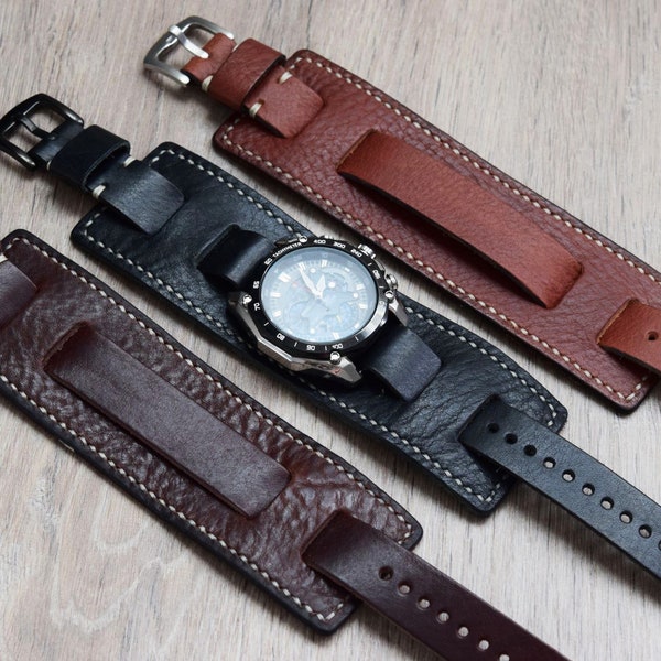 Leather watch strap Handcrafted Cuff band Military Handmade, hand stitched watch 18, 20, 22, 24 26 mm, gift, wristband Bund Pad