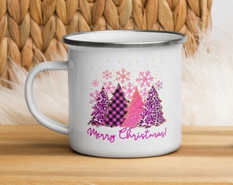 Pink Christmas Trees Enamel Mug, Gift For Her, Enamel Christmas Mug with a Unique Illustration , Merry Christmas, Christmas Gift, Coffee mug