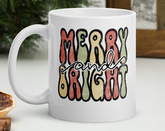 White glossy Christmas mug, Merry and Bright, Christmas coffee mug, Gift for him, Gift for her, Christmas gifts, Gifts for boyfriend