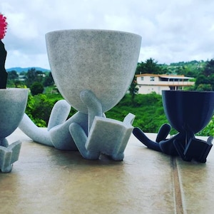 Op de afbeelding: Drie grillige plantenbakken in de vorm van figuren die boeken lezen. Eén houdt een cactus met een felroze bloem vast. De andere twee zijn grijs en zwart. De plantenbakken staan op een lichtbruin oppervlak met een groene, bergachtige achtergrond.