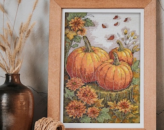 Cross Stitch Kit Pumpkins, Autumn Garden Palette, Fall Pumpkins Decor, Embroidery Golden Autumn, DYI Flowers Autumn Decor, Gift for her