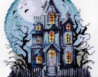 Halloween Cross Stitch Kit Haunted House, Spooky Embroidery DIY kit, Fall Pumpkin Decoration, Witch Gothic Art, Handmade Gift for her