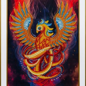 May include: A beaded phoenix with red, orange, yellow, and blue beads against a dark background with red and blue smoke.