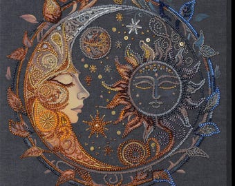 Bead Embroidery kit sun and moon, Captive of the night, Bead embroidery kit, DYI on art canvas, Beadwork Set, Needlepoint Gift for her