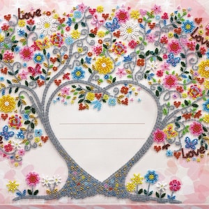 May include: A diamond painting of a tree with a heart-shaped opening in the trunk. The tree is covered in colorful flowers and butterflies. The words "Love" are written on the branches.