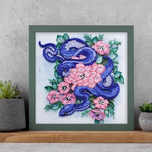 Embrace of nature Embroidery bead kit with blue snake Bead embroidery kit DYI on art canvas Stitching with Beads Beadwork Gift