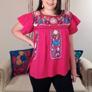 Mexican Embroidered Blouse, Hot Pink Blouse, Artisanal Mexican Blouse, Floral, Mexican Themed Party, Made in Mexico, 5 de Mayo, May 5th