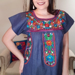 Mexican Embroidered Blouse, Denim Blouse, Artisanal Mexican Blouse, Floral, Mexican Themed Party, Made in Mexico, Blue, 5 de Mayo, May 5th