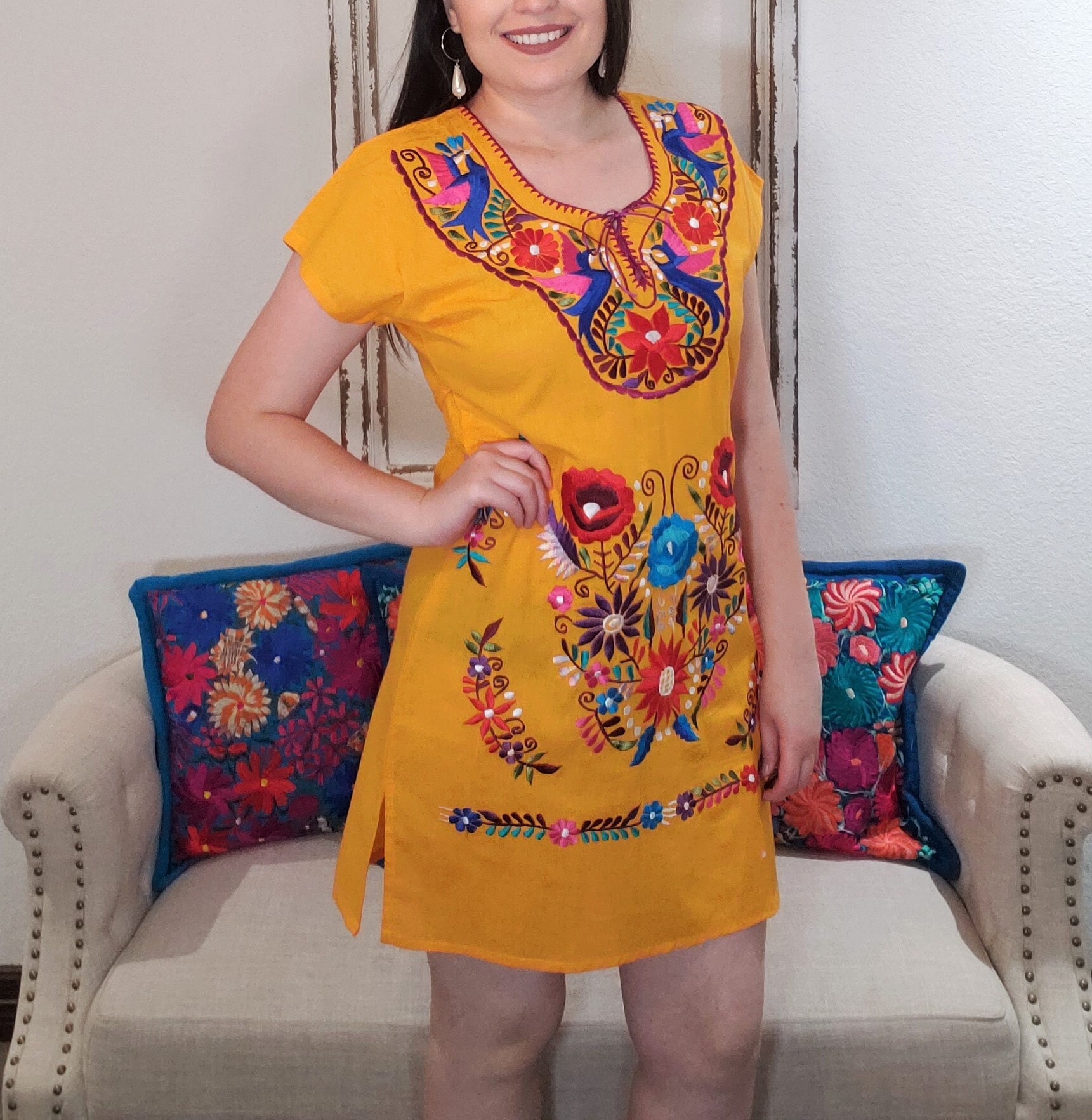 yellow mexican embroidered dress Esther Floral Embroidered Mexican Dress- Vestido Mexicano Bordado Floral