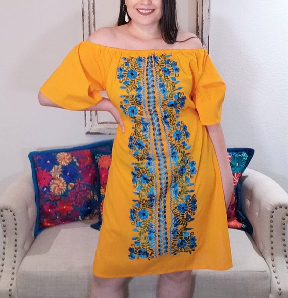 Mexican Embroidered Dress, Yellow Floral, Off The Shoulder, Yellow Blue, Artisanal Dress, Mexican Themed Wedding, Elegant, 5 de Mayo May 5th Mexican Embroidered Dress, Yellow Floral, Off The Shoulder, Yellow Blue, Artisanal Dress, Mexican Themed Wedding, Elegant, 5 de Mayo May 5th