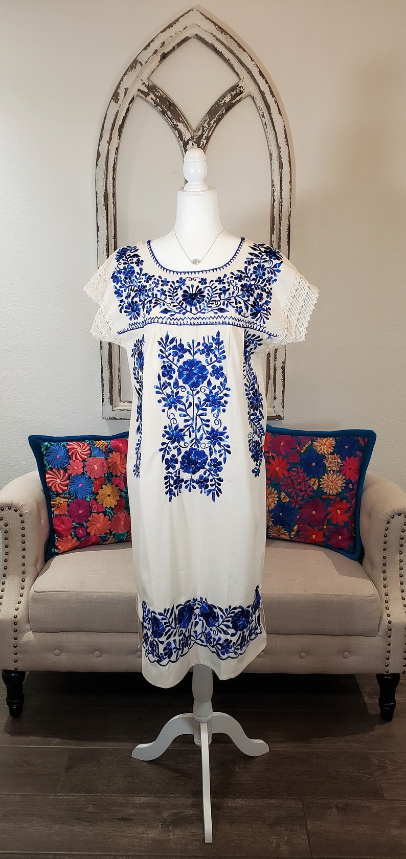 Mexican Embroidered Dress Long Talavera White Blue Floral - Etsy