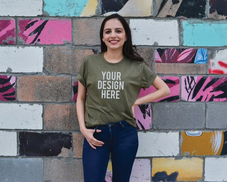 Lifestyle Shirt Mock Up Shirt Model Mockup Tee Mockup Stylish Mock Up Heather Olive Bella Canvas 3001 T-shirt Mock Up Model Mockup
