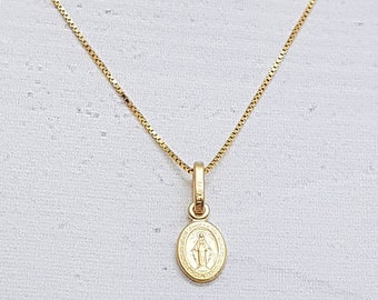 Gold Plated Miraculous Medal Necklace, Miniature Medal, Dainty Virgin Mary Pendant, Our Lady of Grace, Sterling Silver Plated Gold