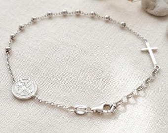 Sterling silver 925 ROSARY BRACELET with Cross and Saint Benedict Medal, St Benedict Medal bracelet, Cross Bracelet, Rosary Decade