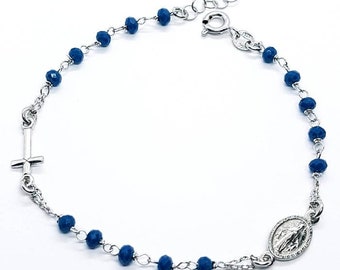 Sterling Silver Rosary Bracelet, Crystal Beads, Cross, Miraculous Medal, Rosary Beads