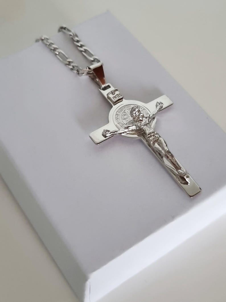 Sterling Silver St. Benedict Crucifix Necklace | Catholic Pendant | Men ...