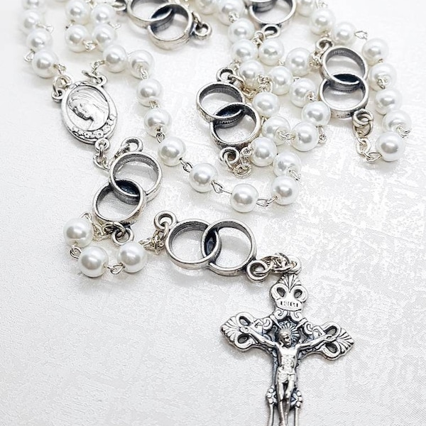 Handmade Wedding Rosary, Rosary with rings, Wedding gift,  Virgin Mary Rosary, Pearl Rosary, Rings