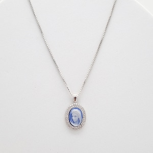Sterling Silber 925 Halskette mit Blau Achat Cameo Anhänger Unserer Lieben Frau von Medjugorje, Cameo Halskette, Jungfrau Maria Cameo ovale Medaille