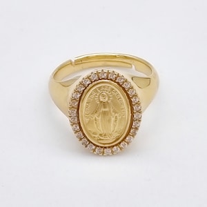 Zilveren zegelring Maagd Maria, 18 kt vergulde ring, ring Onze-Lieve-Vrouw van Wonderen, 925 sterling-vrouwen Heilige Maria-sieraden, christelijk cadeau, CZ