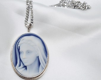 Sterling silver Necklace with Blue Agate Cameo Our Lady of Medjugorje Oval Pendant, Cameo Oval Medal, Cameo Necklace, Virgin Mary Necklace