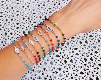 Sterling Silver 925 Rosary Bracelet, Cross & Miraculous Medal, Crystal Beads