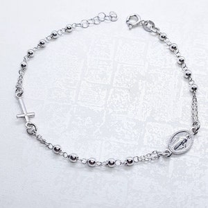 Sterlingzilveren 925 ROZENKRANT ARMBAND met kruis en wonderbaarlijke medaille, wonderbaarlijke medaille armband, kruisarmband, sterling rozenkrans