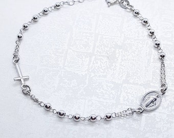 Sterling silver 925 ROSARY BRACELET with Cross and Miraculous Medal, Miraculous Medal bracelet, Cross Bracelet, Sterling Rosary