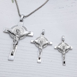 Sterling silver 925 St BENEDICT Crucifix, St Benedict Cross Necklace, Saint Benedict Cross, Catholic Pendant, Cruz San Benito, CZ Cross