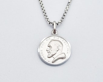 Sterling silver 925 medal Padre Pio of Pietrelcina necklace pendant, Catholic Saint pendant, Padre Pio round medal, Holy Father Pio