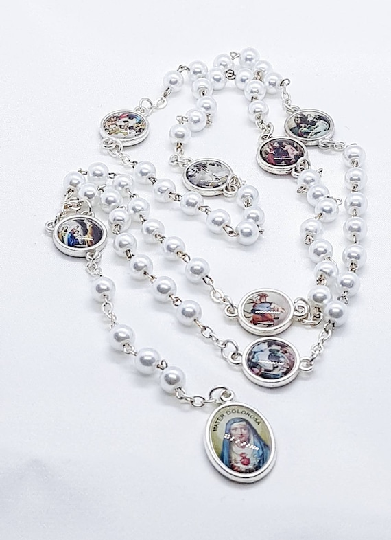 Mater Dolorosa Chaplet with White Pearl Beads | Seven Sorrows Rosary | Dolor Rosary