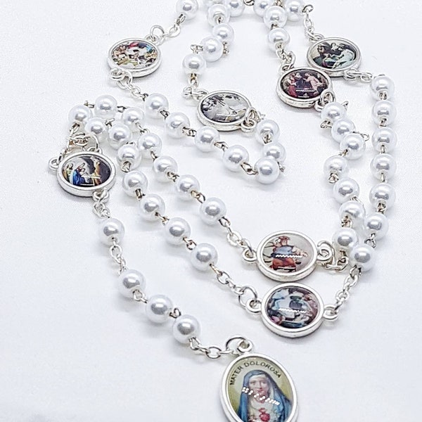 Mater Dolorosa Chaplet, Seven Sorrows Chaplet, Mater Dolorosa Rosary, Seven Sorrows Rosary, White Pearl Beads, Dolor Rosary, Servite Rosary