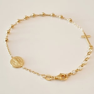 Saint Benedict Gold Plated Rosary Bracelet | Silver 925 Cross & Round Medal | Gift for Her | St Benedict