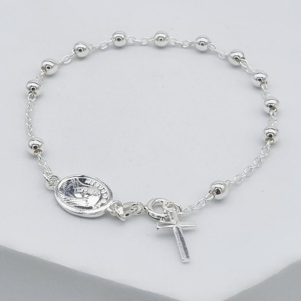 BRACELET CHAPELET en argent sterling 925 avec croix et médaille ovale de la Vierge Marie, Medjugorje