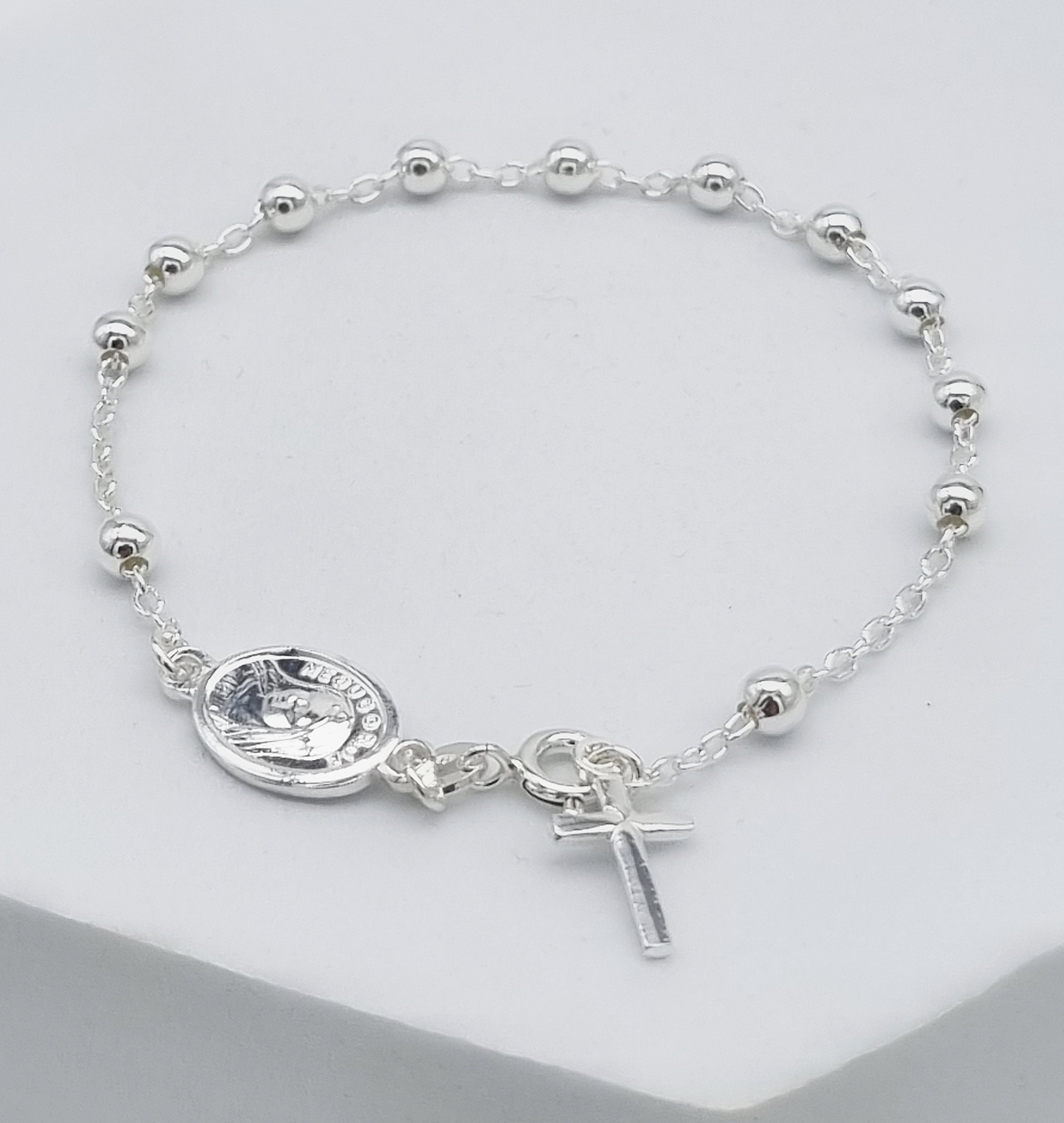 Sterling Silver Rosary Bracelet with 5mm Ball Chain and Flat Cross  (ROS-1009) - House of Jewellery
