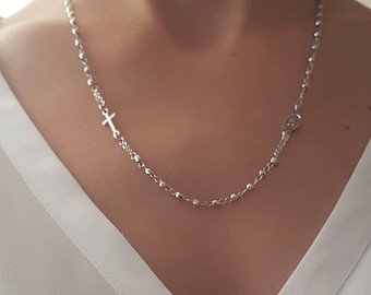 Rosary Necklace in Sterling Silver 925, Virgin Mary necklace, Miraculous medal, Rosary, Beaded Necklace, cross necklace, Dainty Necklace