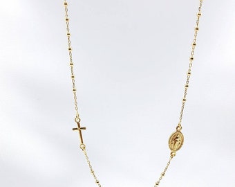 Rosary necklace in Sterling Silver 925 plated gold, Virgin Mary necklace, Miraculous medal, Rose Gold, Beaded Necklace, cross necklace, gift