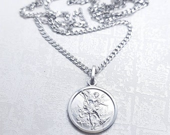 Collar de medalla de San Miguel, collar de San Miguel, medalla de San Miguel de plata de ley, collar de San Miguel Arcángel, medalla de San Miguel