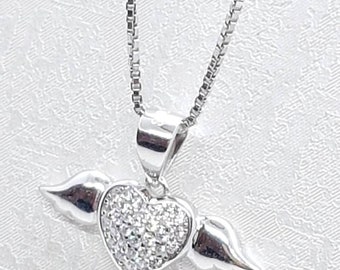 Sterling Silver Angel Wing Heart Necklace, Cubic Zirconia Pave Heart Pendant, Guardian Angel Jewelry, Dainty Silver Wings Necklace for Her