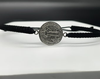 Sterling silver 925 medal St. Benedict bracelet, Cord Bracelet, Saint Benedict, San Benito, Saint pulsera, Adjustable Bracelet