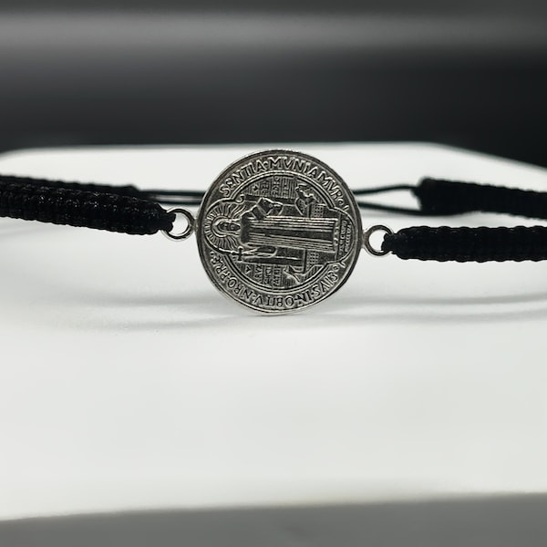 Sterling silver 925 medal St. Benedict bracelet, Cord Bracelet, Saint Benedict, San Benito, Saint pulsera, Adjustable Bracelet