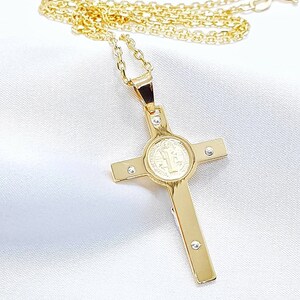 St. Benedict Crucifix Necklace, Gold Plated 925 Sterling Silver Cross ...