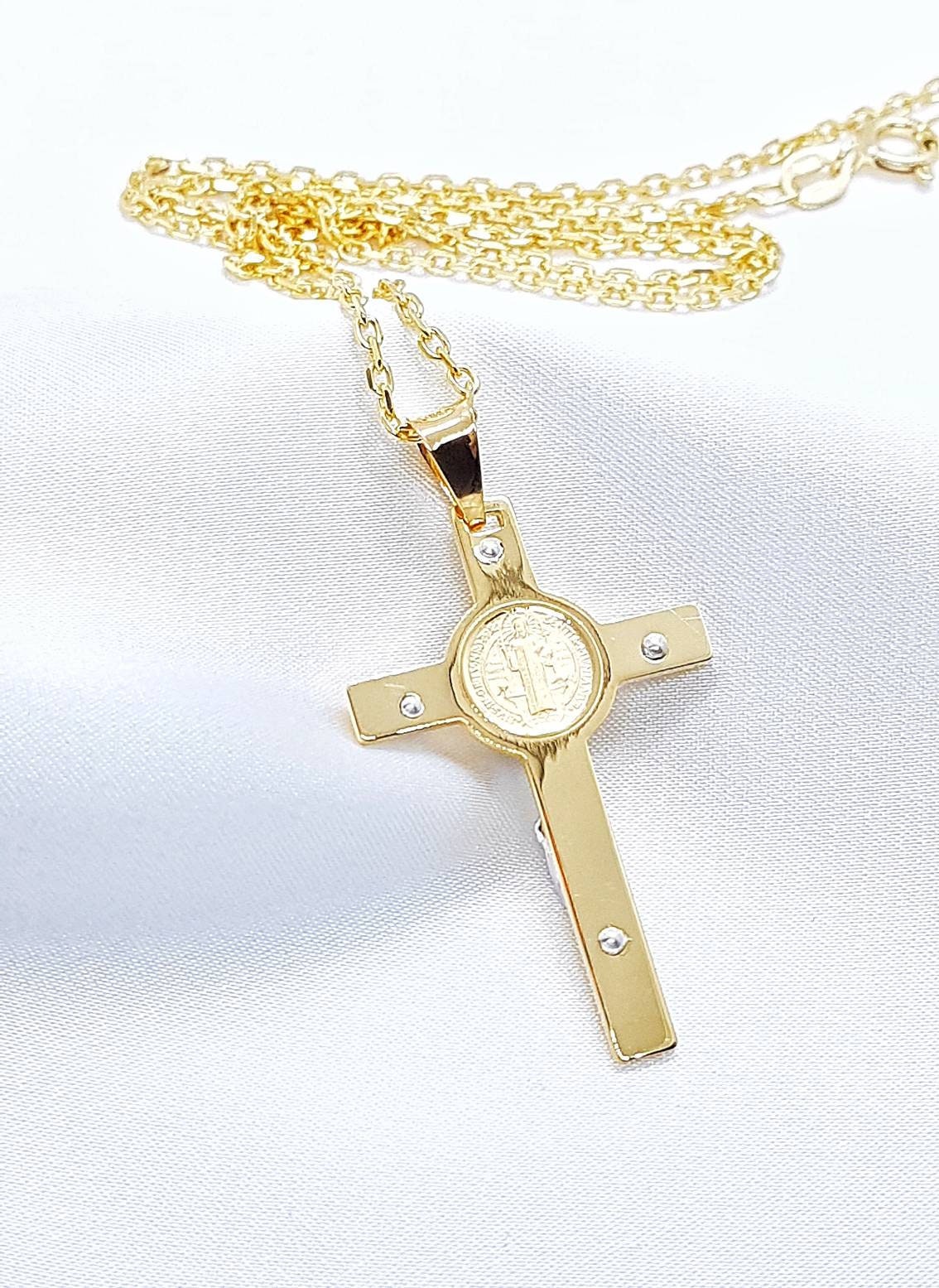 St. Benedict Crucifix Necklace, Gold Plated 925 Sterling Silver Cross ...