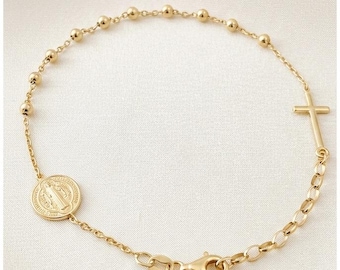 St Benedict bracelet, 18 k gold plated rosary with cross and Saint Benedict medal, Gold plated rosary bracelet for women, Patron saint