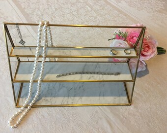 Three Levels Hand Craft Italian Carrara White Marble Jewelry Box with brass fittings, and glass panels