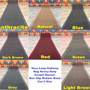 May include: A selection of hallway runner rugs in various colours, including anthracite, natural, blue, dark brown, red, green, grey, and light brown. The rugs are made of a heavy-duty material with a non-slip rubber backing. The text "Very Long Hallway Rug Heavy Duty Carpet Runner Non Slip Rubber Back Cut 2 Size" is displayed below the rugs.
