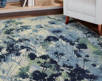 Tropicana Vibrant Watercolour Rug Blue White Indoor/Outdoor Water Resistant Highly Durable Rug