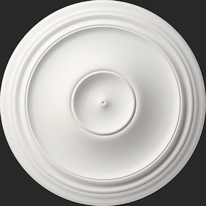 May include: White ceiling medallion with a circular design and three concentric rings. The medallion has a smaller circular opening in the centre.