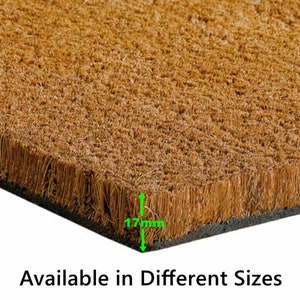 May include: Close-up of the edge of a brown coir doormat with a black rubber backing. The mat is 1.7 inches thick. Available in different sizes.