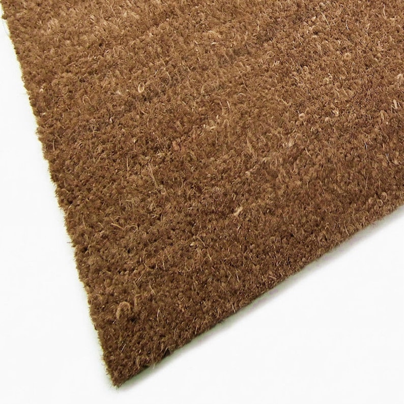 May include: A brown coir doormat with a rough texture. The mat is made of natural fibers and is designed to help remove dirt and moisture from shoes.